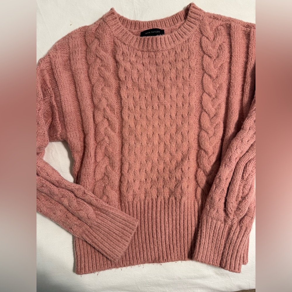 Ann Taylor Pink Crew Neck Sweater with Cable Knit